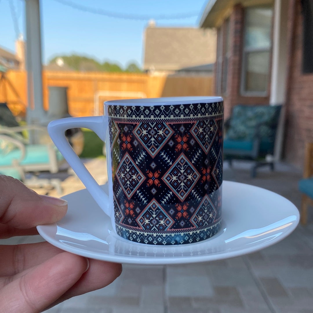 Tatreez Print Turkish coffee Cup and Saucer .