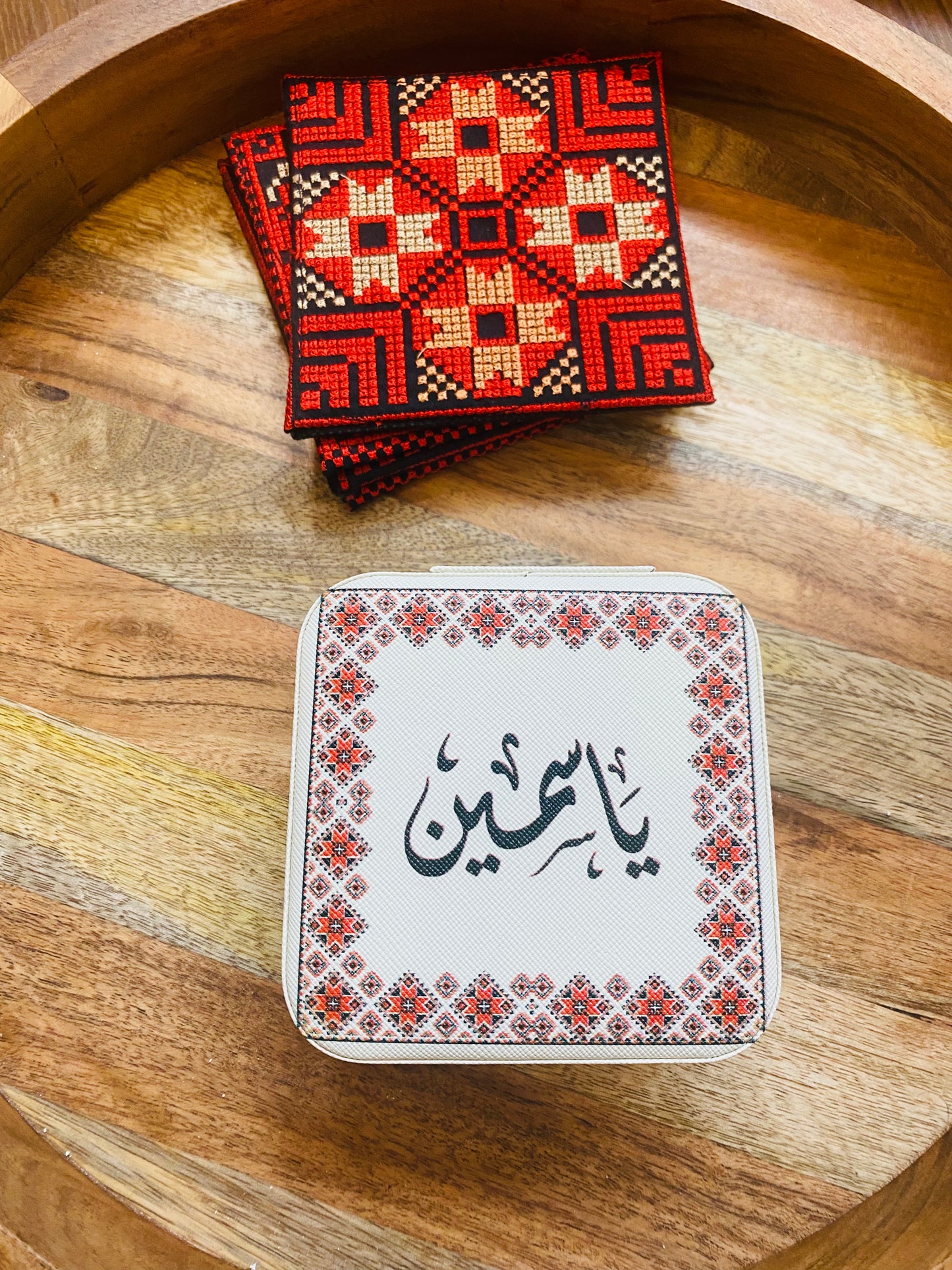 Personalized Tatreez Print Mini Leather Jewelry box