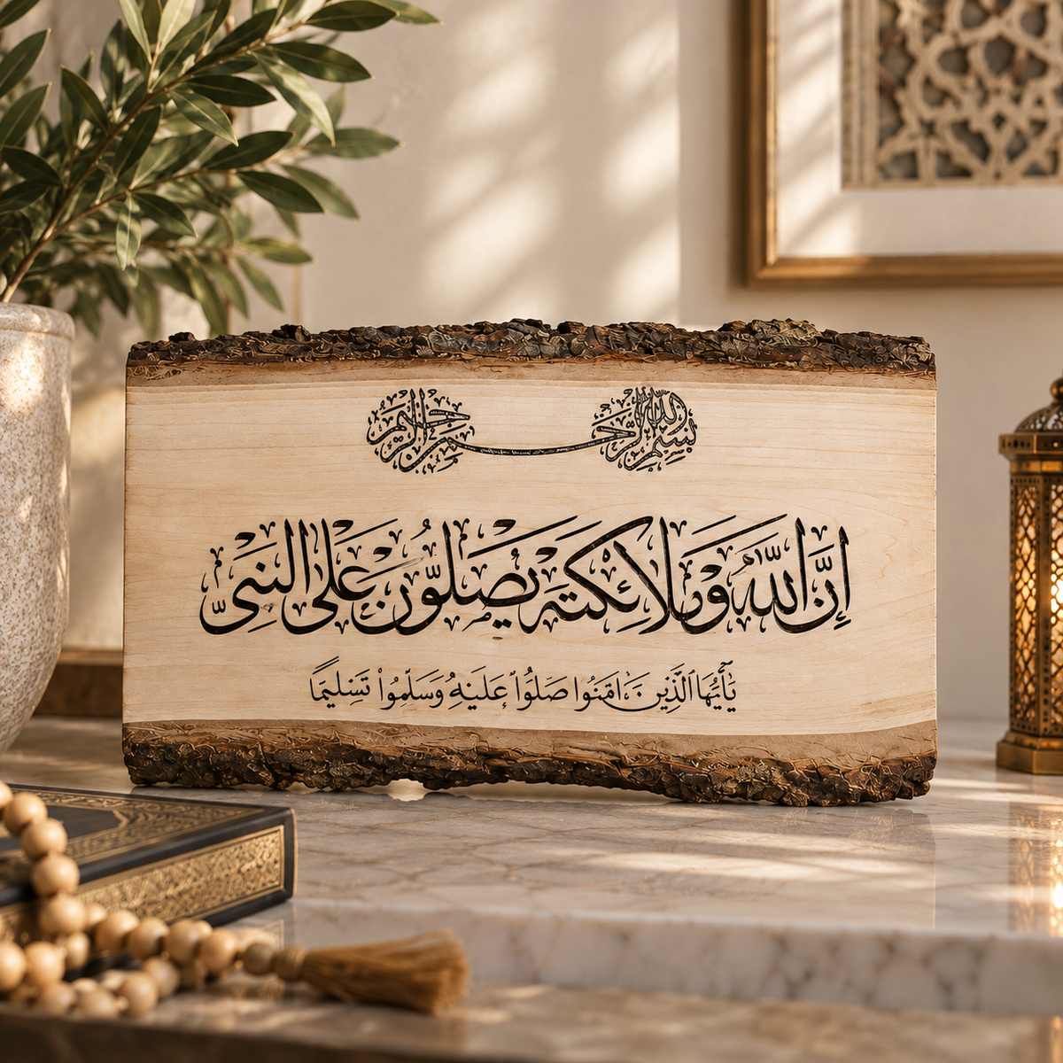 Natural Wood Islamic Plaque – Salawat on the Prophet ﷺ | Quranic Home Decor