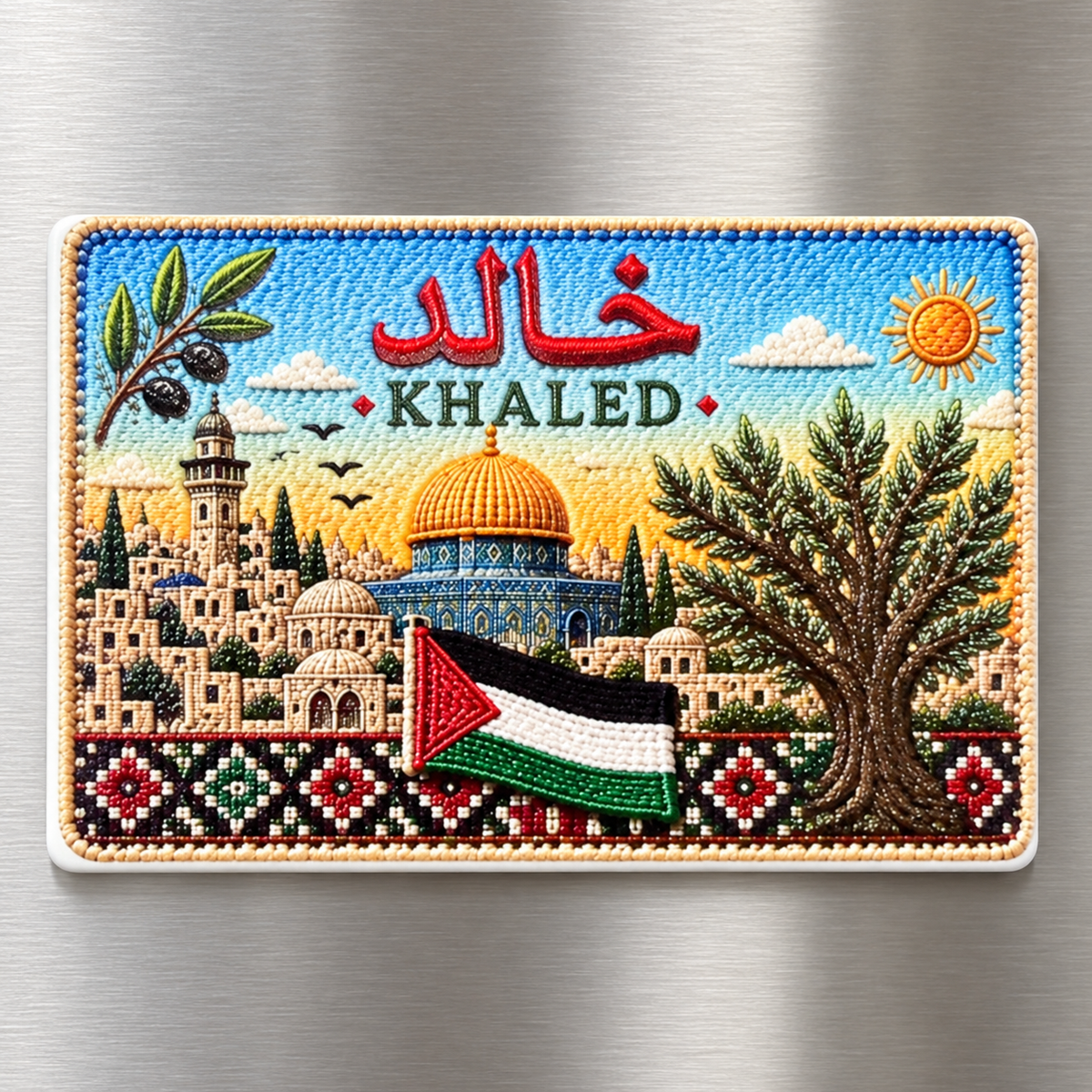 Personalized 3 × 2-inch Palestinian name magnet with Arabic and English names and raised textured print