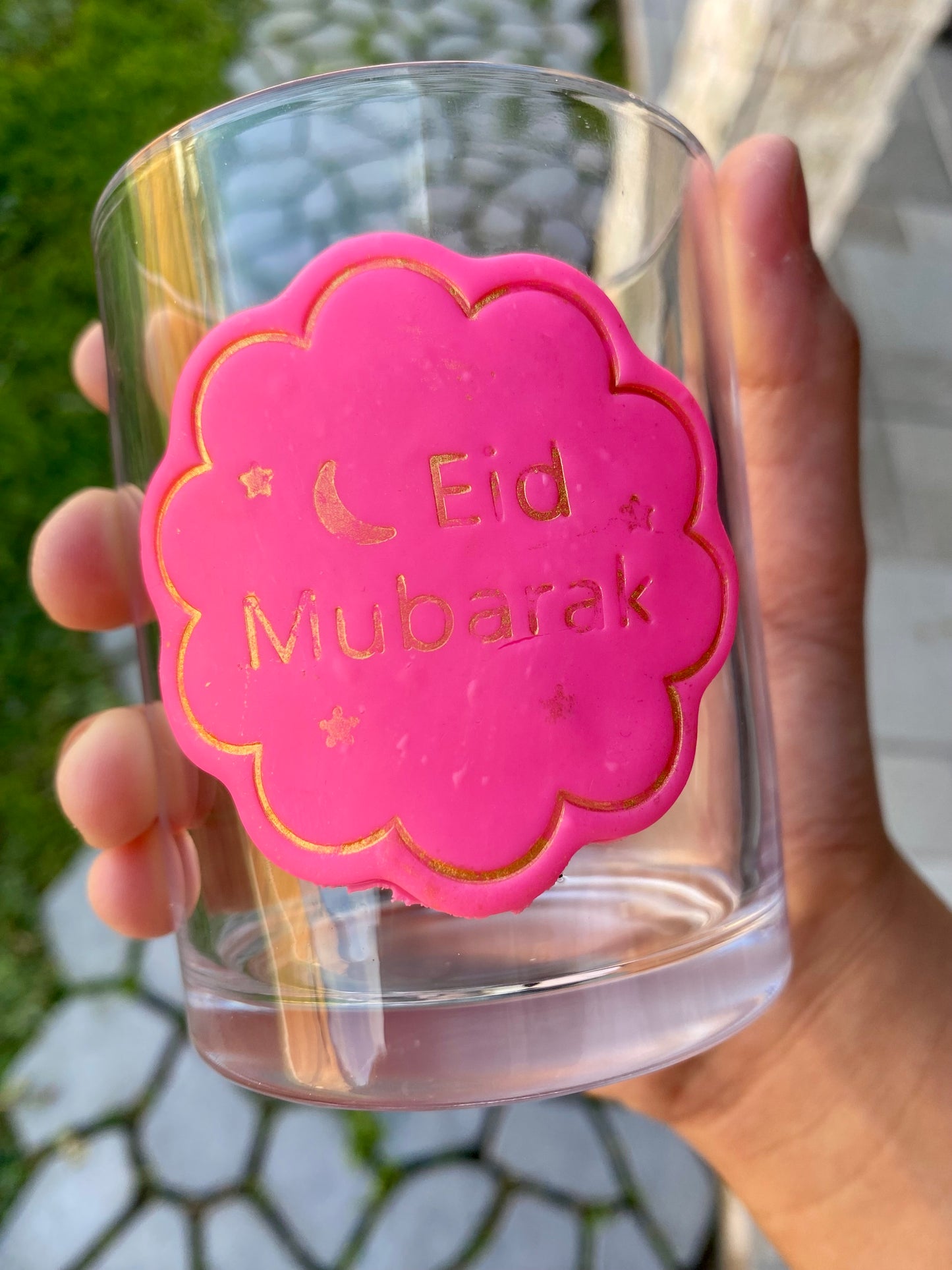 Salma’s Clay decorated Glass Cup( Pink Eid Mubarak)