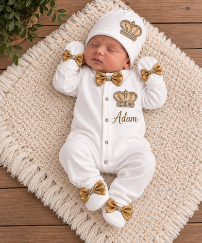 Personalized Newborn Baby Outfit. - Gold. With embroidered name.