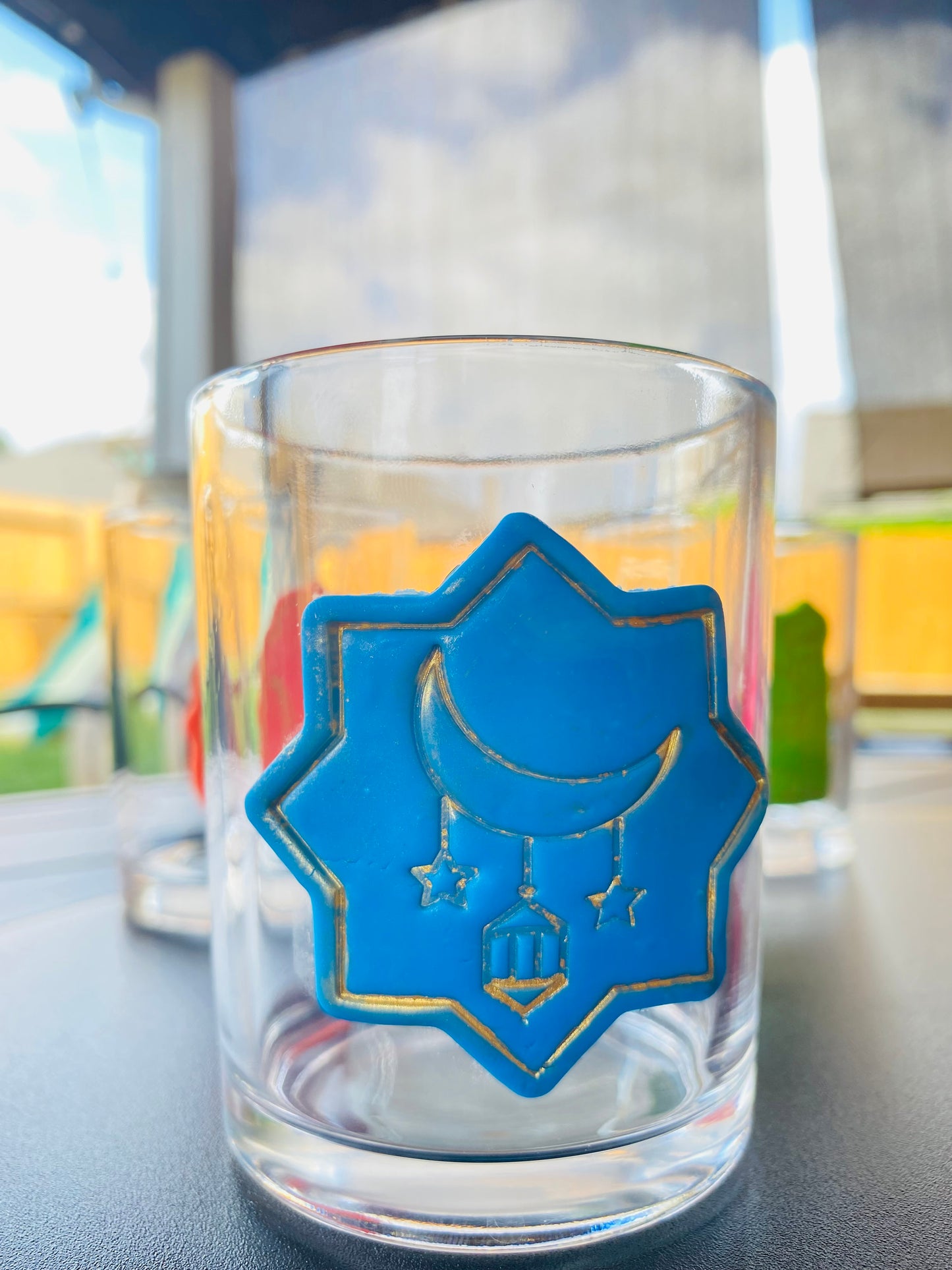 Salma’s Clay decorated Glass Cup( Blue Crescent)