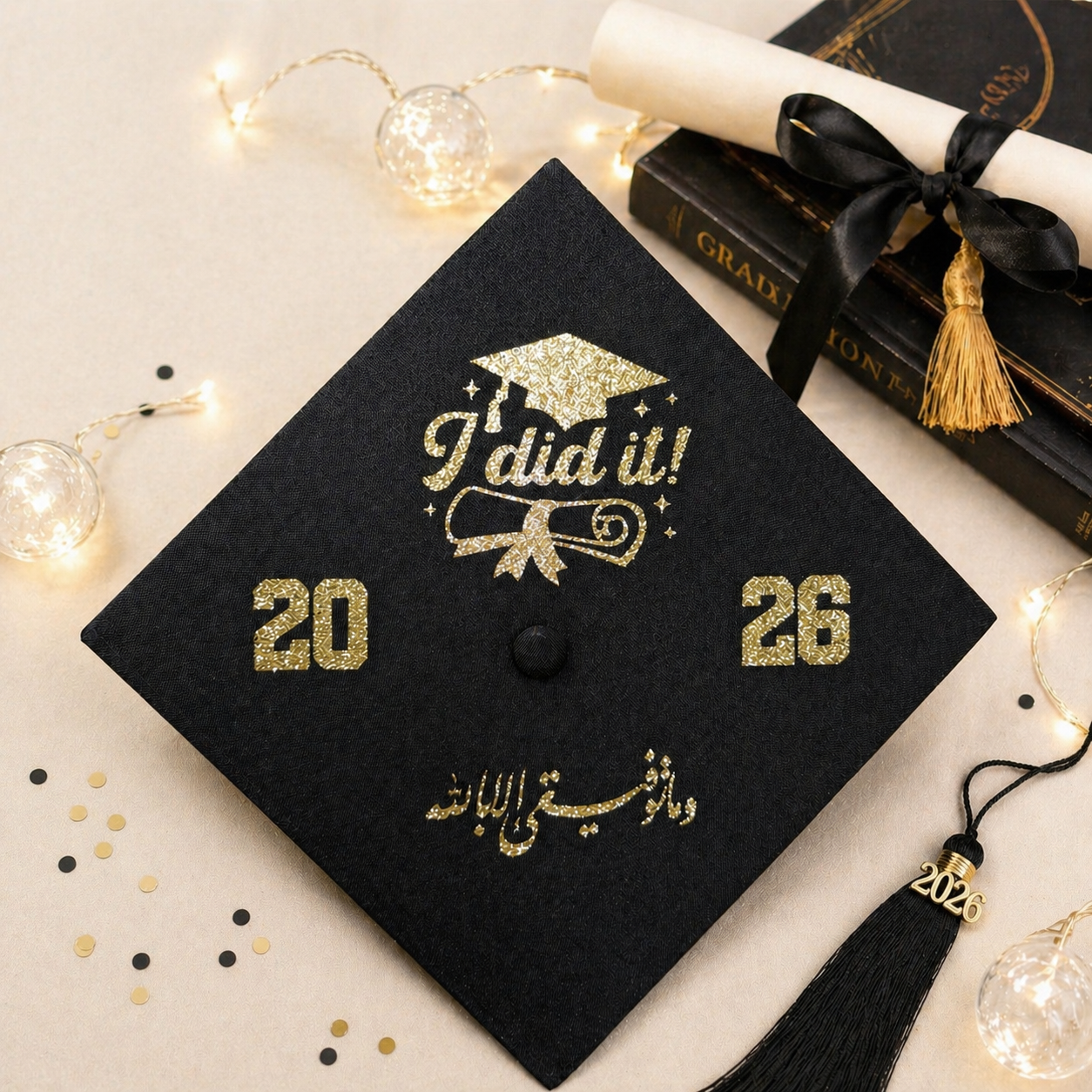 Custom Glitter Print Graduation Cap (choose your text)