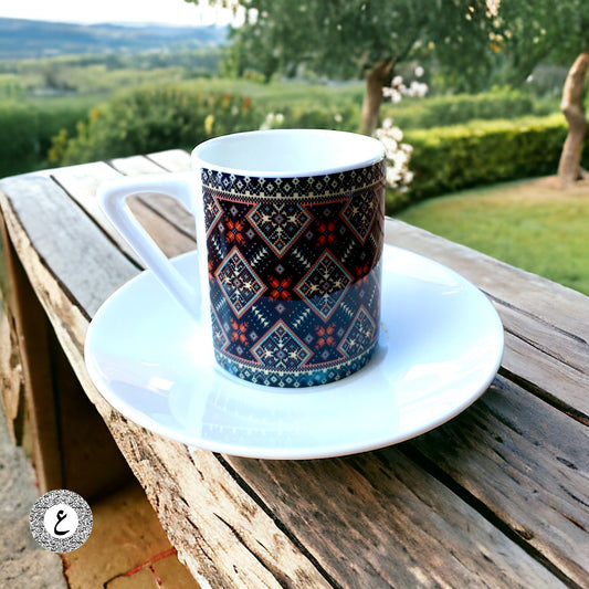 Tatreez Print Turkish coffee Cup and Saucer .