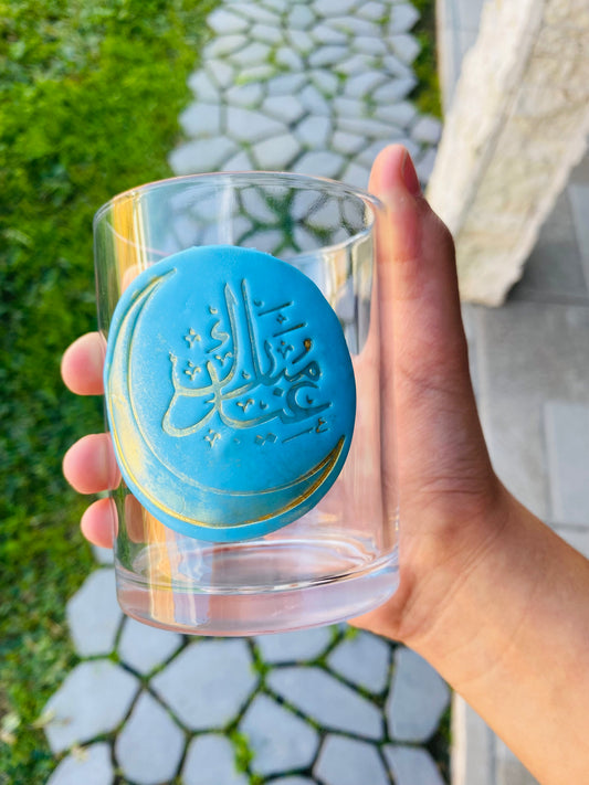 Salma’s Clay decorated Glass Cup( Blue كل عام و انتم بخير)