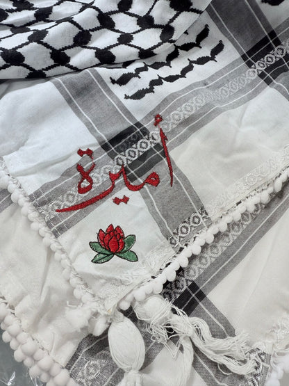 Personalized Palestinian Kufiyah / shmagh with rose (embroidered)