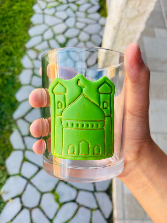 Salma’s Clay decorated Glass Cup( green mosque)