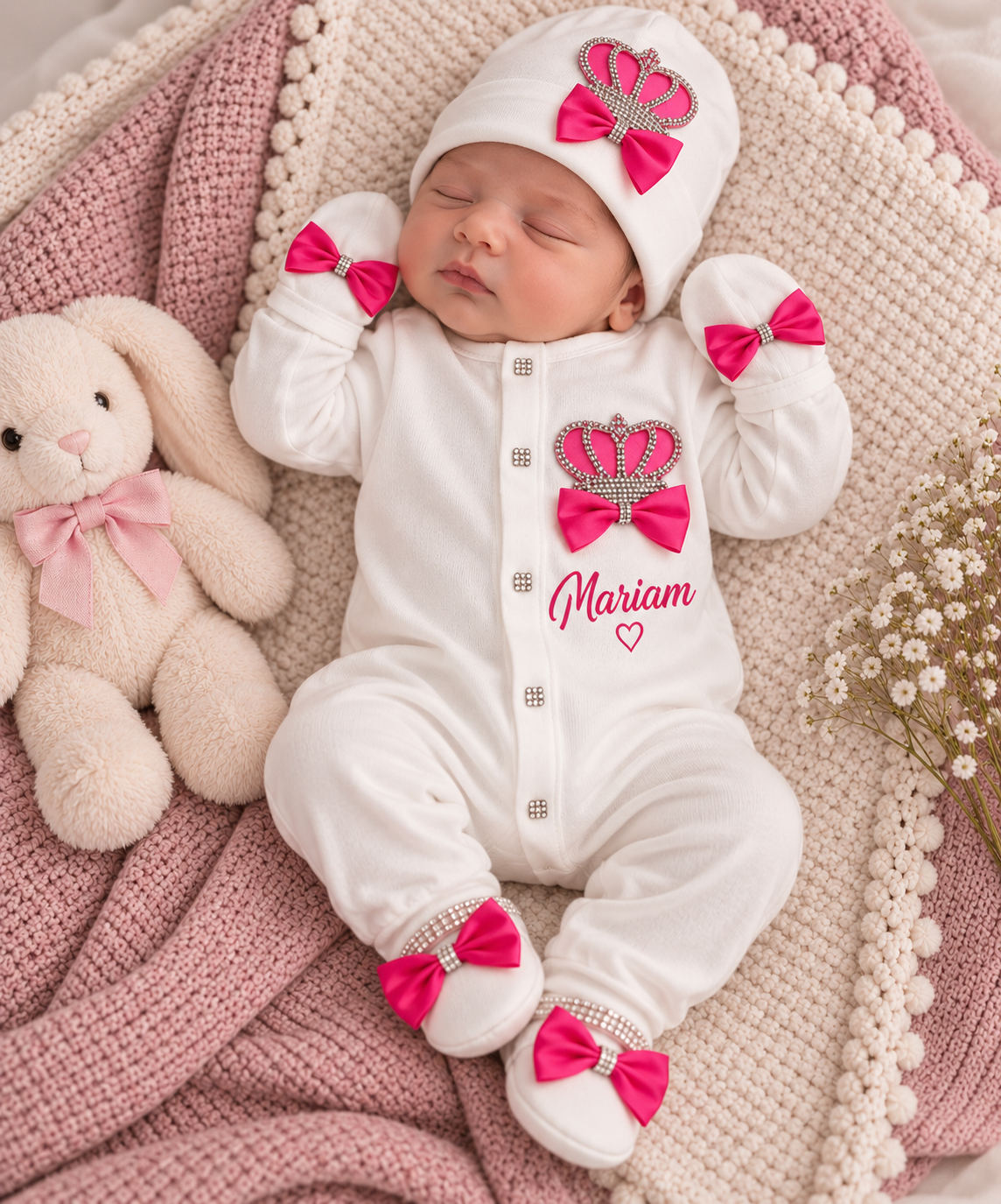 Personalized Newborn Baby Outfit. - hot pink. With embroidery name.
