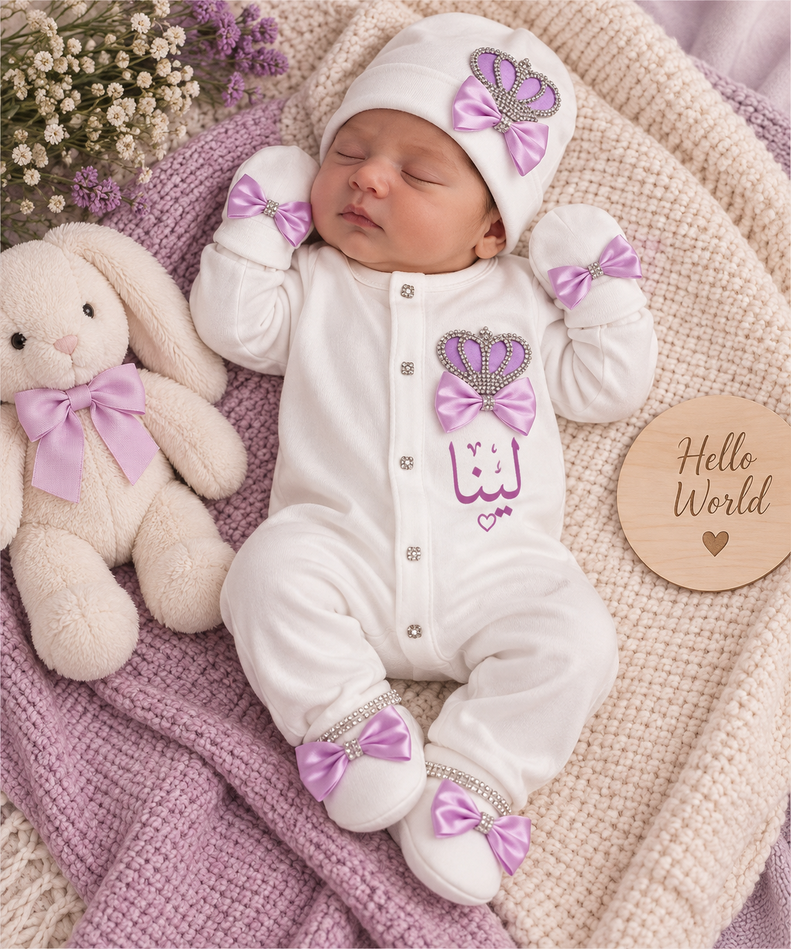 Personalized Newborn Baby Outfit. - Light purple with embroidered name