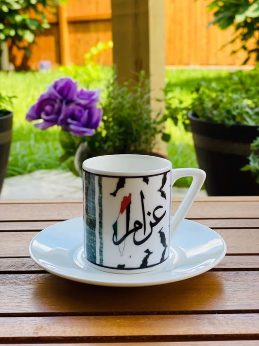 Kufia design Turkish Coffee Cup and Saucer with Custom name